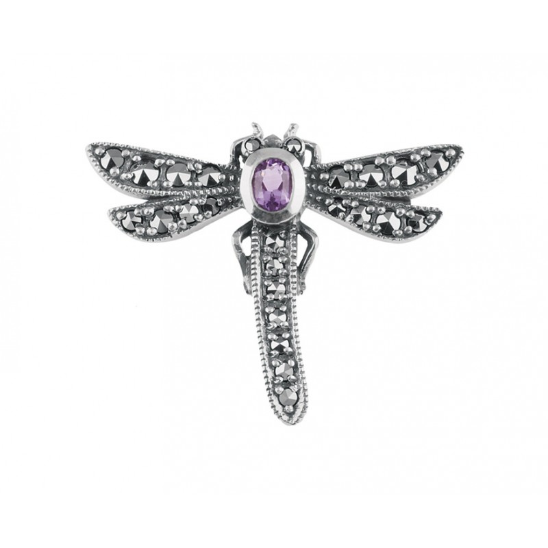 B274   Marcasite Dragonfly Brooch Sterling Silver